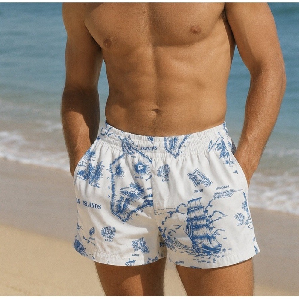 Vintage 80's Men's Hawaiian Resort Trunks Size Large Map Tiki Aloha Polynesian